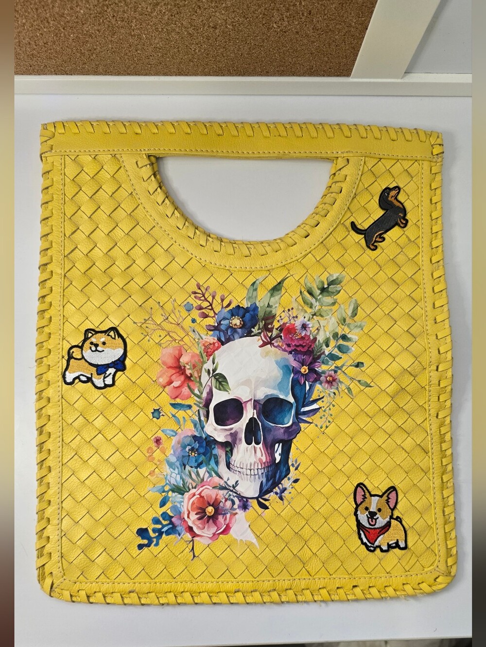 Chico's Yellow Woven Kids Tote with Floral Skull and Corgi Patches